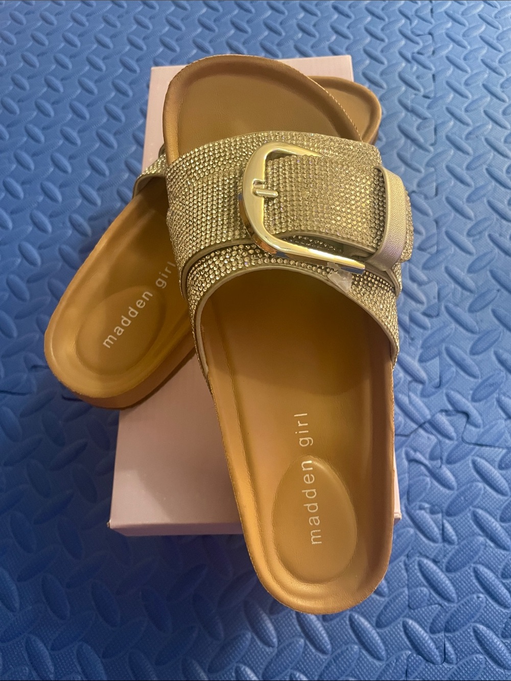 Madden Girl Gold Embellished Buckle Slide Sandals